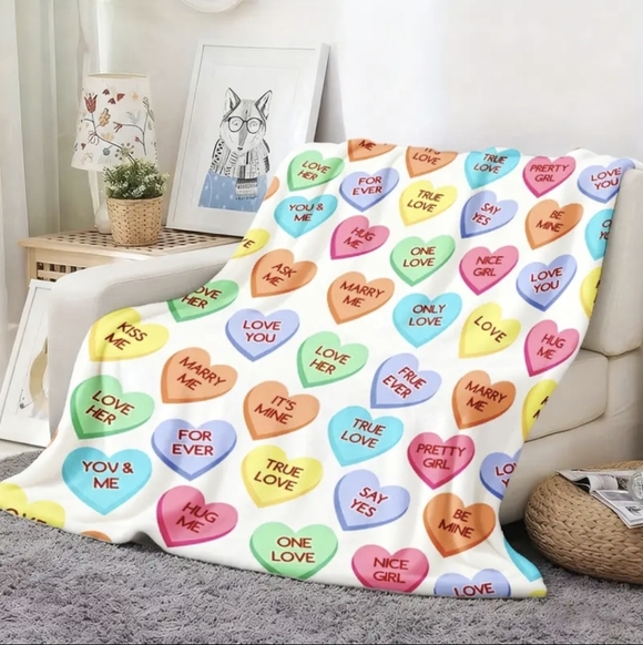 Boutique Other - NWT Valentines Candy Hearts Digital Print Polyester Knit Blanket Throw 40" x 50"